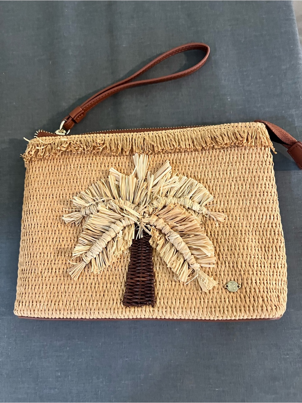 Spartina 449 Natural Straw Clutch with Brown Palm Motif